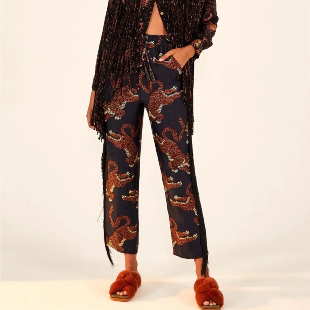 FARM Rio Black and Orange Leopard Print Fringe Pants, XS, like new